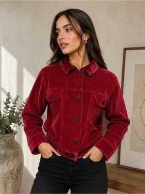 J.Jill Red Corduroy Jacket Women’s Large Velvet Trim 100% Cotton Button Front